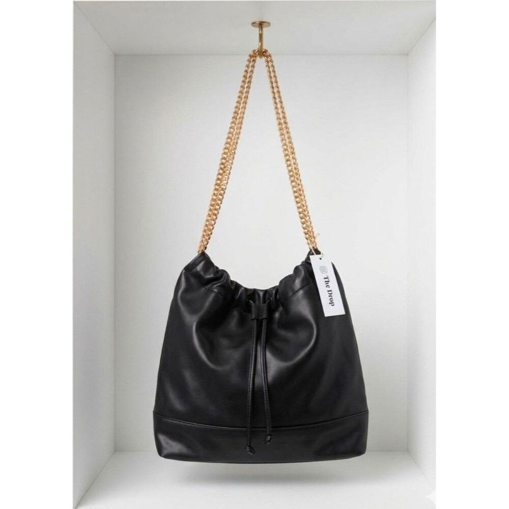 NWT The Drop Black Faux Leather Drawstring Shoulder Bag with Gold Chain Strap